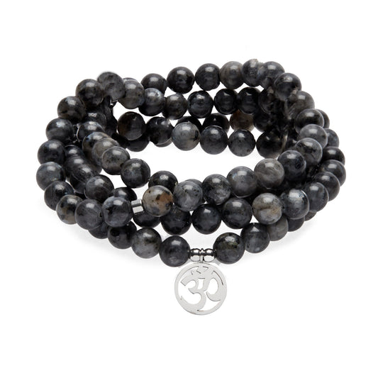 Bracelet Mala "Om" de 108 perles en Labradorite Grise