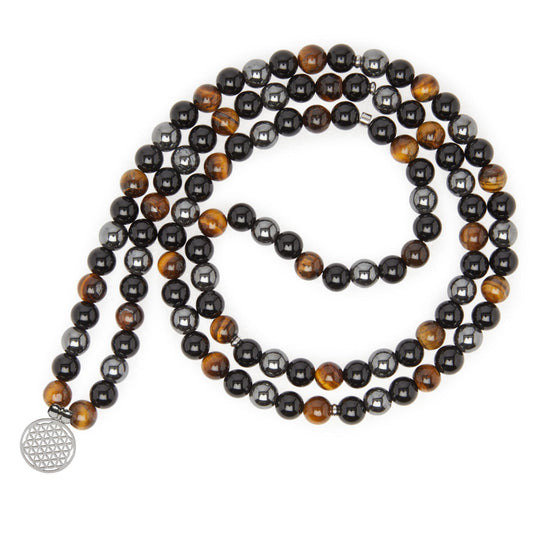 Bracelet "Triple Protection"  de 108 perles en Oeil de Tigre, Hématite et Obsidienne Noire