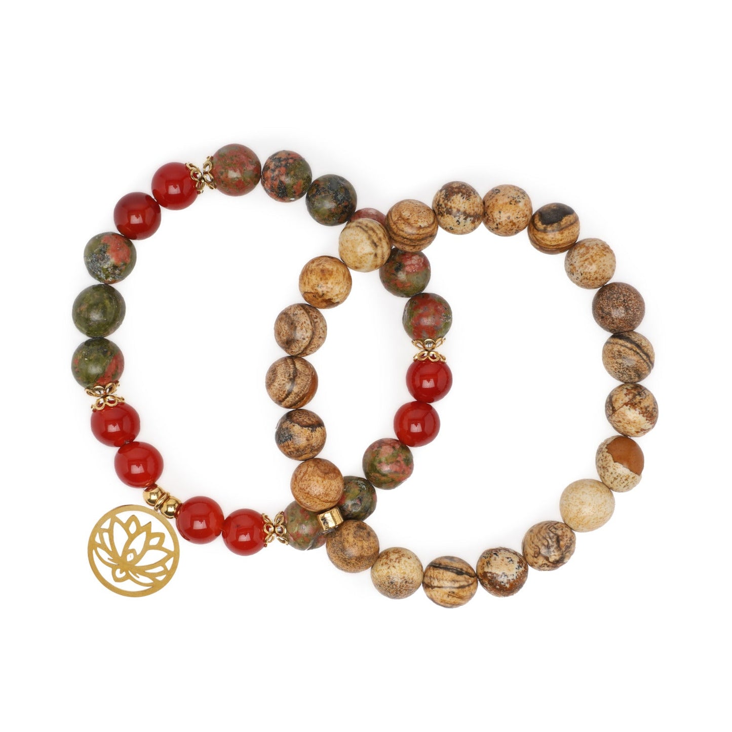 Double Bracelet "Changement Positif" en Unakite, Jaspe Paysage et Cornaline