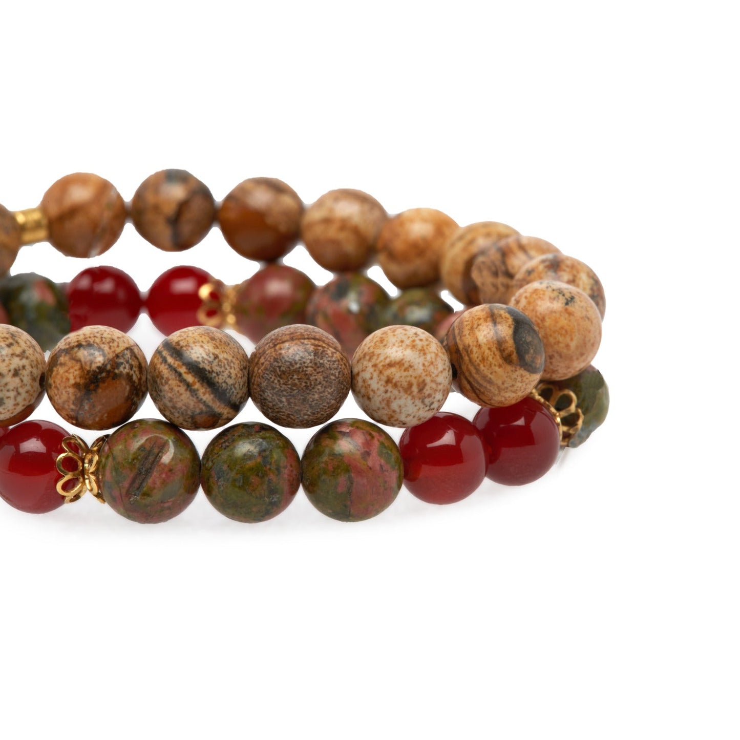Double Bracelet "Changement Positif" en Unakite, Jaspe Paysage et Cornaline